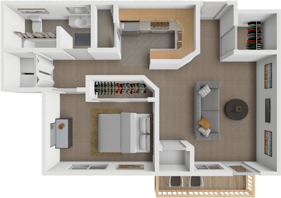 Floor Plan  A 3D floor plan of a house showing a kitchen, living room, and bedrooms.
