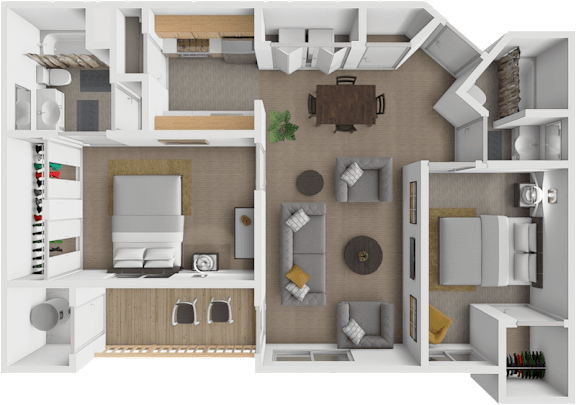 Floor Plan  A 3D rendered image of a modern apartment layout.