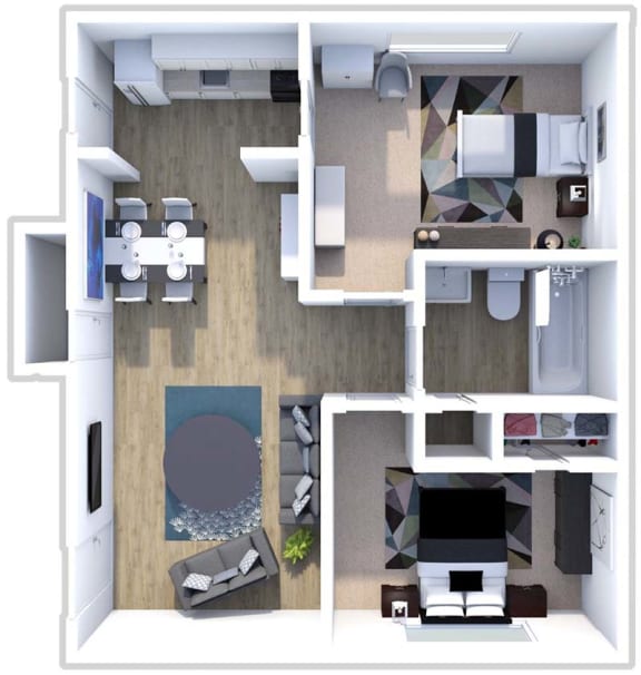 a bedroom with a bed and a tv in a room