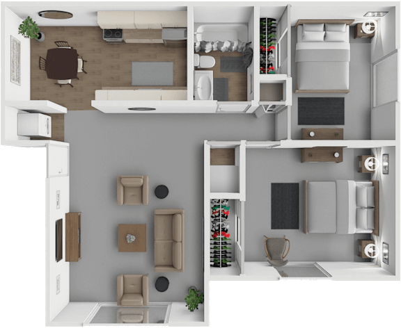 A 3D floor plan of a small apartment with a kitchen, living room, and bedroom.