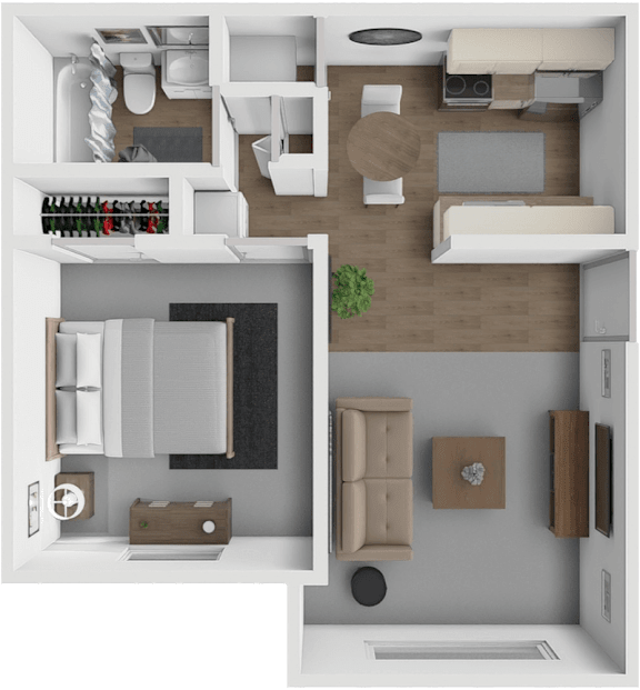 A 3D floor plan of a modern apartment with a kitchen, living room, and bathroom.