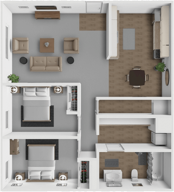 A 3D floor plan of a house with a living room, dining room, kitchen, and two bedrooms.