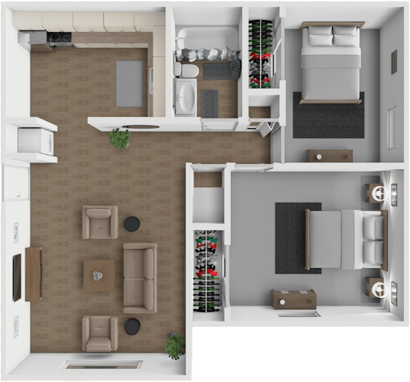 A 3D floor plan of a small apartment with a kitchen, living room, and bedroom.