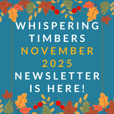 a brown background with a white border and the words ``whispering timbers june