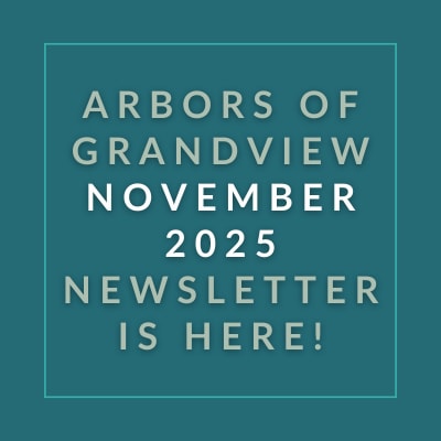 The image announces the release of the Arbors of Grandview November 2025 newsletter.