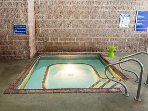 A small indoor pool with a brick wall and a metal ladder.