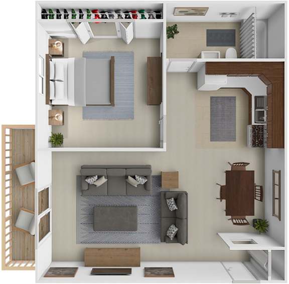 A top-down view of a modern apartment with a living room, kitchen, and dining area.