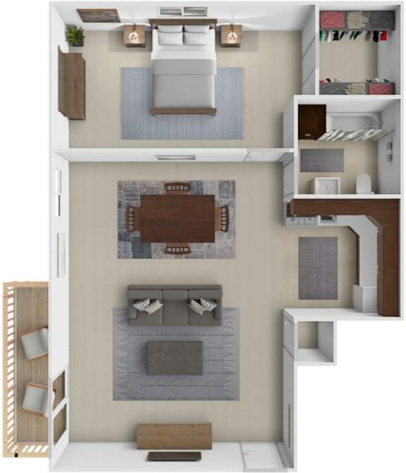 A 3D floor plan of a small apartment with a bedroom, living room, and kitchen.