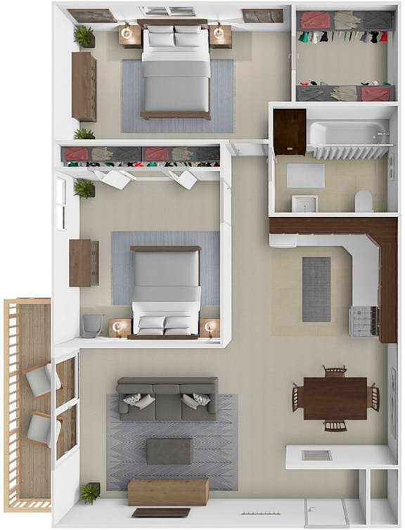 A 3D floor plan of a house with a living room, kitchen, and bedrooms.