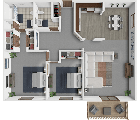 A floor plan of a 2 bedroom 1.5 bathroom apartment