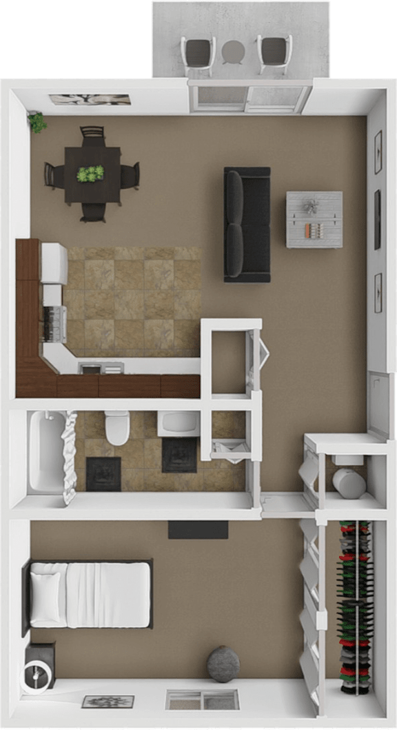A 3D rendered image of a small apartment layout.