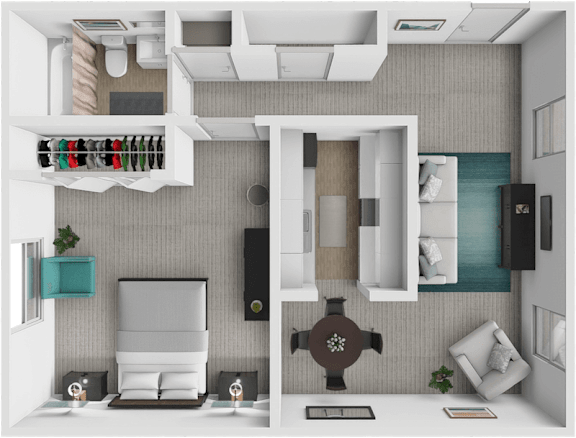 a 3d floor plan of a 1 bedroom 1 bathroom apartment that is 750 sq. ft.