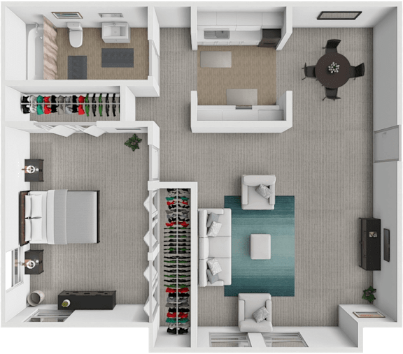 a 3d floor plan of a 1 bedroom 1 bathroom apartment that is 950 sq. ft.