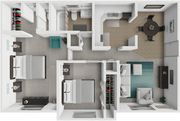 3d Floor plan for a 2 bedroom 1.5 bathroom apartment