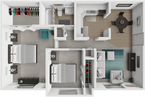 A 3D floor plan for a 2 bedroom 1 bathroom home