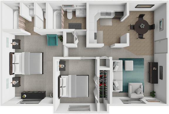A 3D floor plan for a 2 bedroom 2 bathroom home with 1300 square feet.