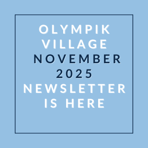 A blue square with white text announcing the Olympik Village November 2025 newsletter.
