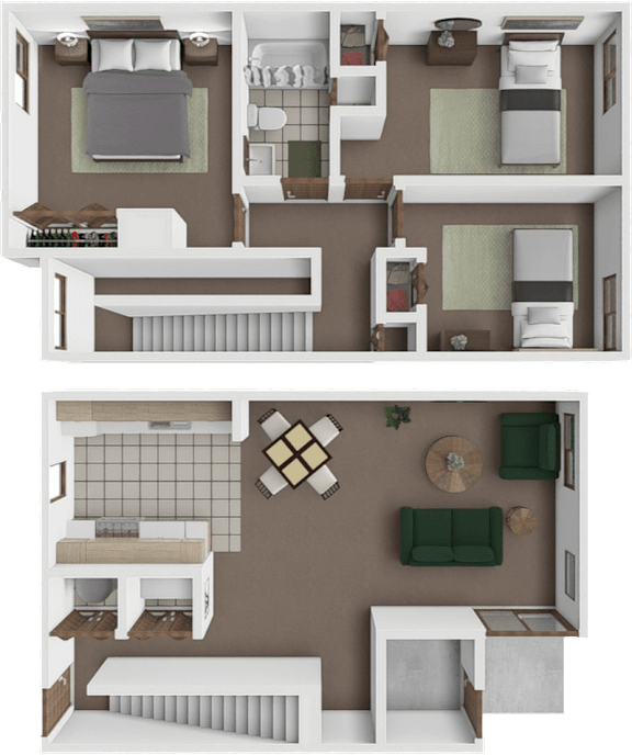 A 3D floor plan of a house with two bedrooms, a living room, a kitchen, and a bathroom.