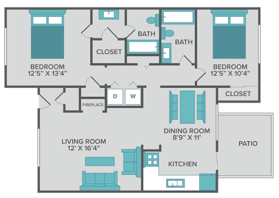 the hawthorne two bedroom two bathroom floor plan at hunters way apartments