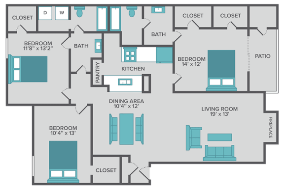 the olive 3 bedroom 2 bathroom floor plan at hunters way apartments