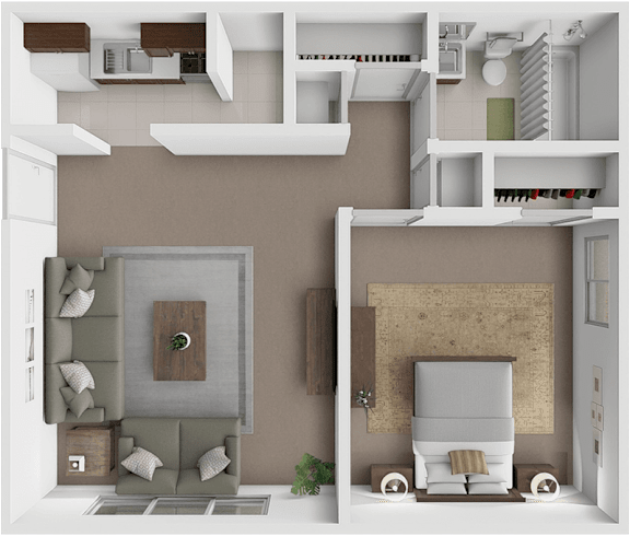 A modern, minimalist interior design of a small apartment with a kitchen, living room, and bedroom.