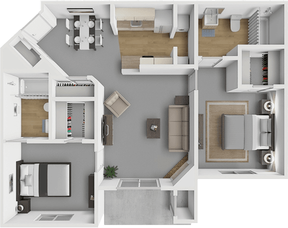 A 3D floor plan of a house showing the layout of the rooms.