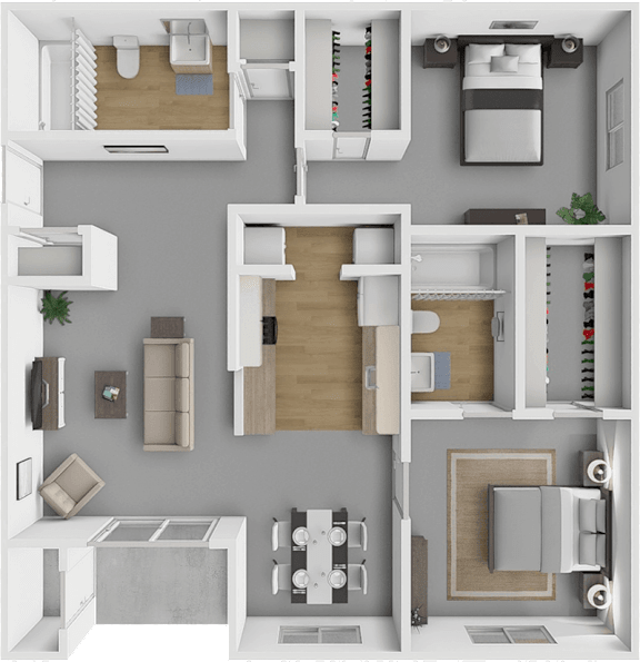A 3D floor plan of a small apartment with a kitchen, living room, and bedroom.