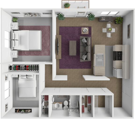 a 3d rendering of a bedroom with a kitchen and a living room