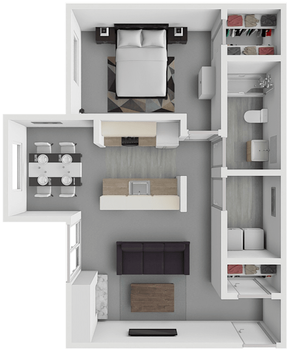 A top-down view of a small, well-organized apartment with a bedroom, living room, and kitchen area.