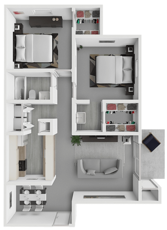 Floor Plan  A 3D floor plan of a small apartment with a kitchen, living room, and bathroom.