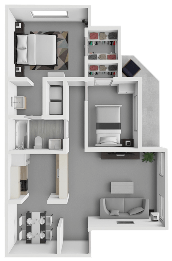 A 3D floor plan of a house with various rooms and furniture.
