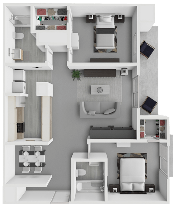 A top-down view of a small apartment with a kitchen, living room, and bedroom.
