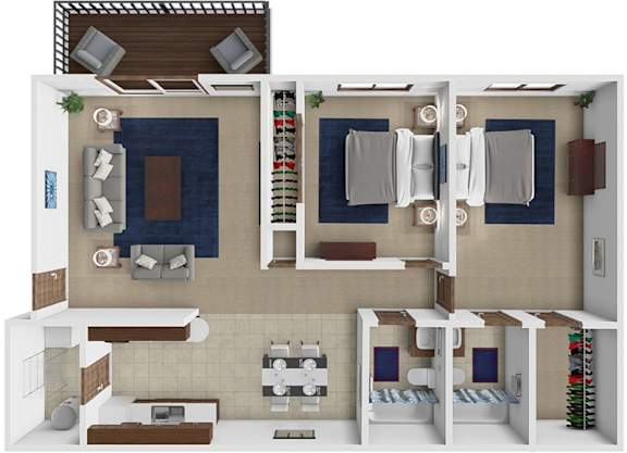 Floor Plan  A 3D floor plan of a small apartment with a kitchen, living room, and bedrooms.