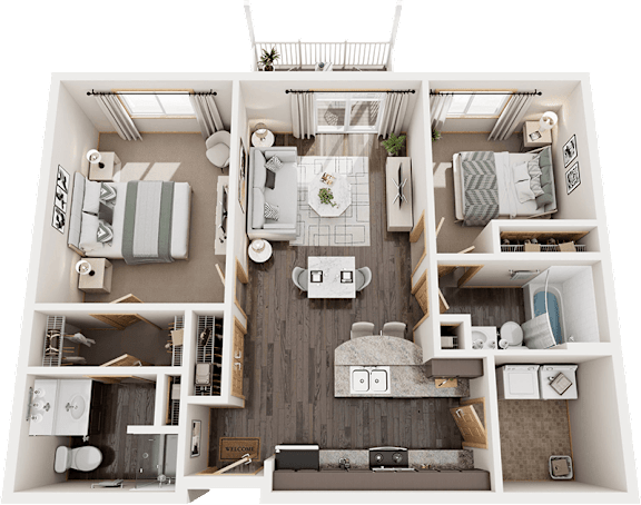 A 3D floor plan of a small apartment with a living room, kitchen, and bathroom.