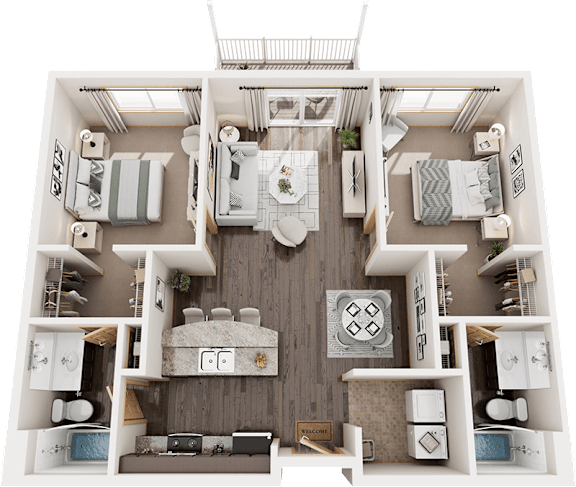 A top-down view of a small apartment layout with a living room, kitchen, and two bedrooms.