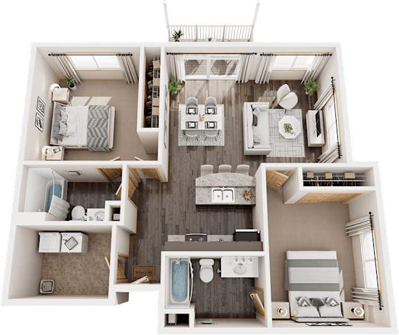 A detailed 3D floor plan of a small apartment layout.