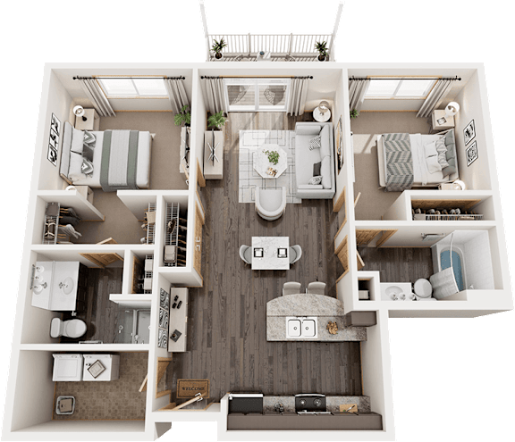 A detailed 3D floor plan of a two-bedroom apartment.
