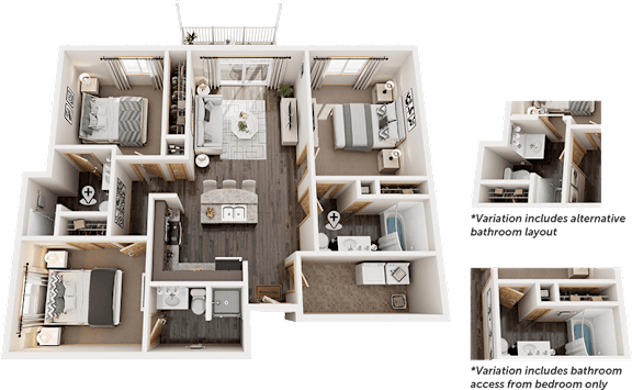 A diagram shows different layouts for a small apartment.