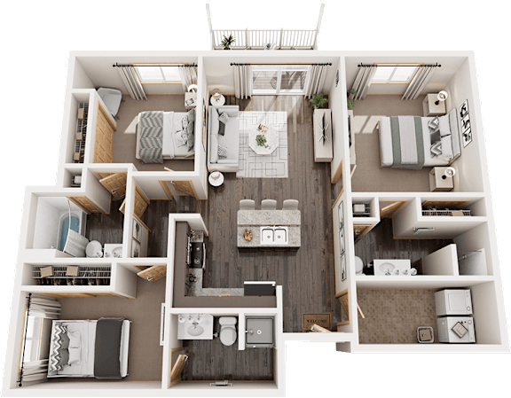 A top-down view of a well-organized apartment layout.