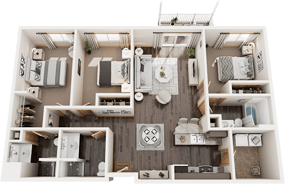 A 3D floor plan of a house with a kitchen, living room, and two bedrooms.