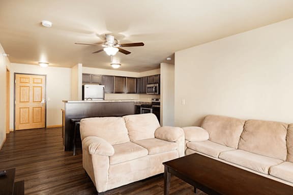 A living room with a couch, chair, and a ceiling fan.