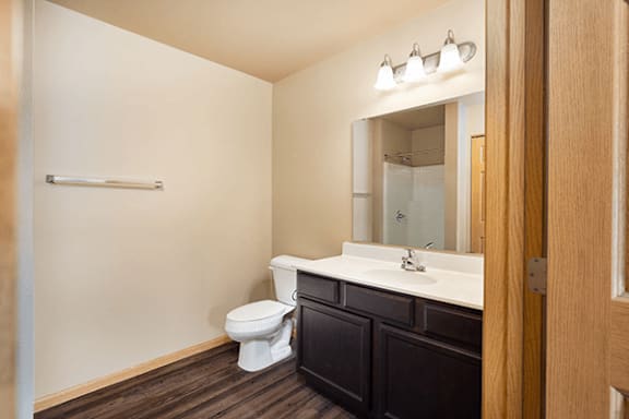 A bathroom with a toilet, sink and mirror.