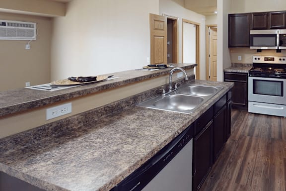 A kitchen with a granite countertop and a stainless steel sink.