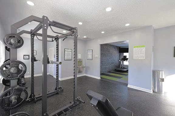 A gym with a weightlifting area and a treadmill.