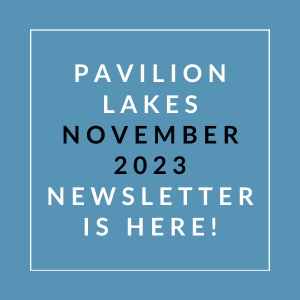 a white line on a blue background with the words pavilion lakes november