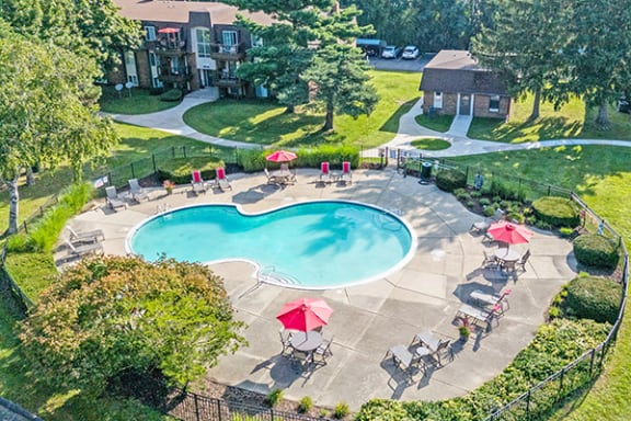 an aerial view of a swimming pool and patio with umbrellas