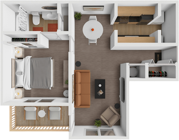 A top-down view of a modern apartment layout with a kitchen, living room, and bedroom.