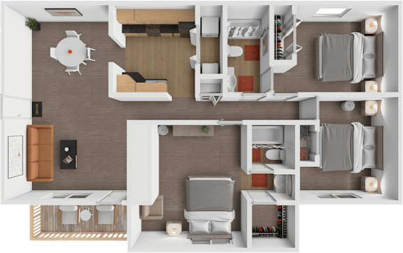 A top-down view of a modern apartment layout with a kitchen, living room, and bedrooms.