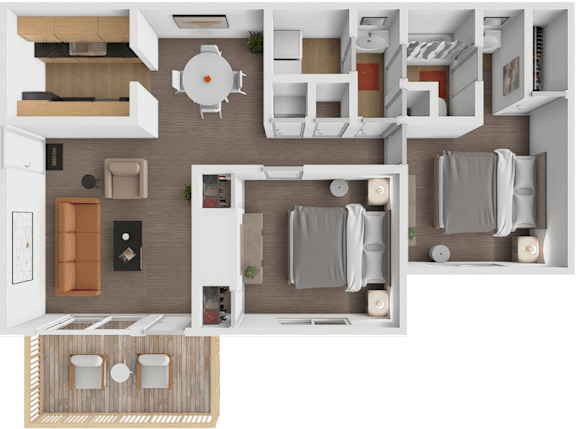 A top-down view of a modern apartment layout with a kitchen, living room, and bathroom.