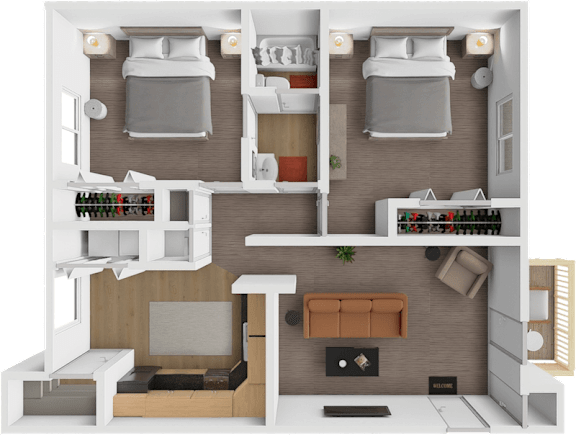 A 3D rendered image of a small apartment layout with two beds, a kitchen, a living room, and a bathroom.